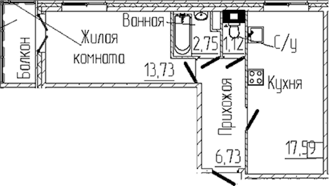 1-комнатная квартира 42.96 м², 4/6 эт., ЖК «SERTOLOVO PARK»
